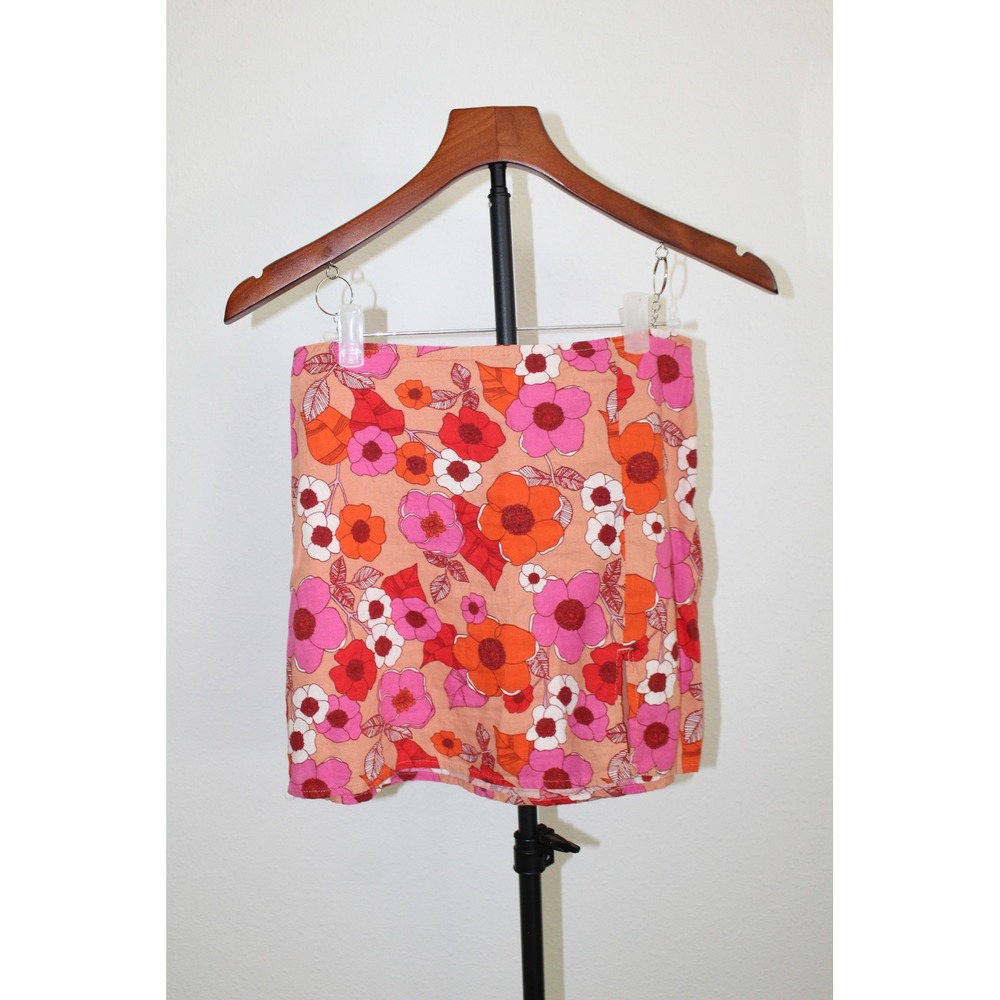 Urban‎ Outfitters Womens XS Orange Pink Retro Floral Linen Blend Mini Skirt Slit